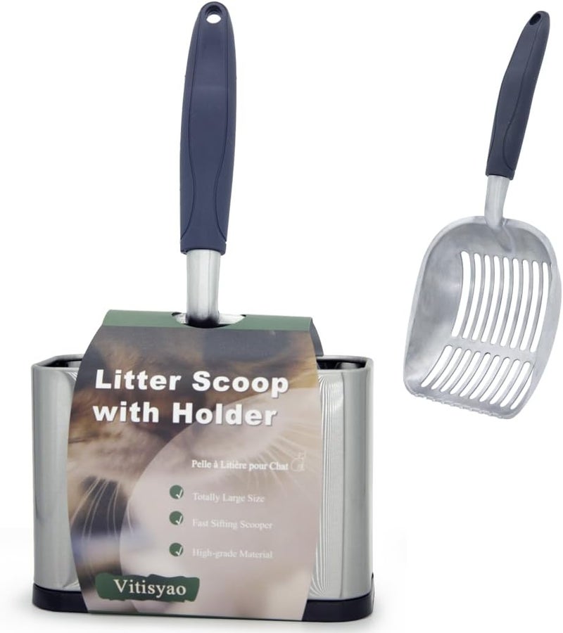 Vitisyao Full Metal Cat Litter Scoop with Holder, Stainless Steel Cat Litter Scooper Holder, Aluminum Kitty Scoop Captures All Clumps, Heavy Duty Kitty Metal Scooper with Non-Slip Handle - Image 1